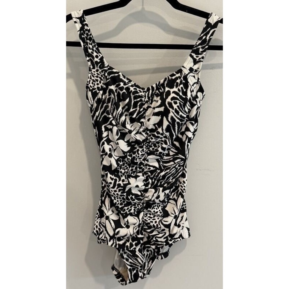 Maxine of Hollywood Ruched Front One Piece Swimsuit Black White Slimming 10